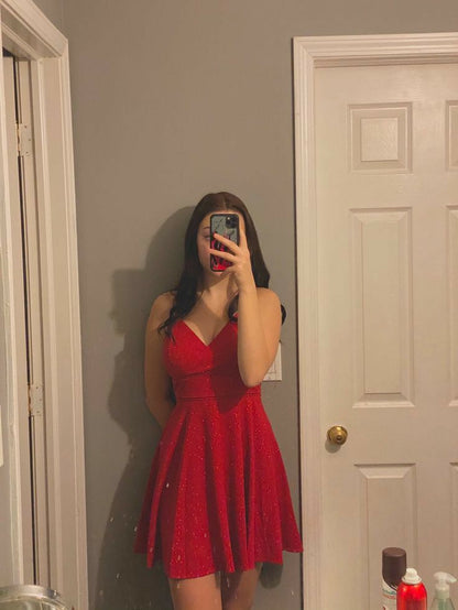 Red Shiny A Line Spaghetti Straps Satin Sequin Short Homecoming Dress 20th Birthday Outfits C5044