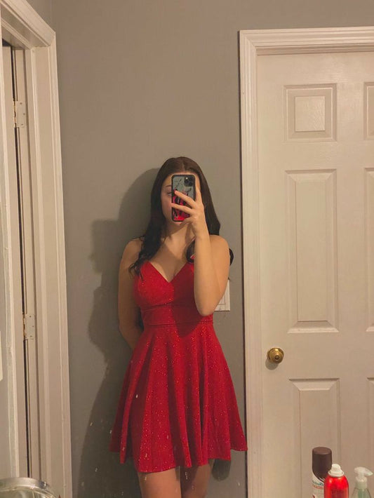 Red Shiny A Line Spaghetti Straps Satin Sequin Short Homecoming Dress 20th Birthday Outfits C5044