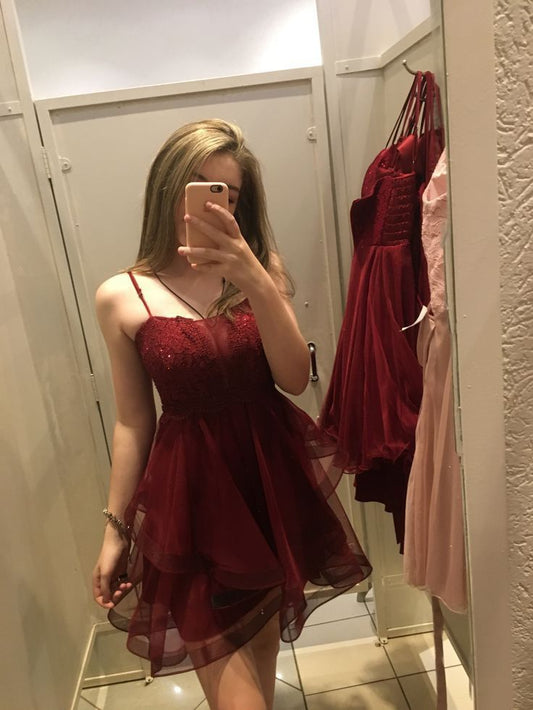 Burgundy A Line Spaghetti Straps Tulle  Short Homecoming Dress 18th Birthday Outfits C5046