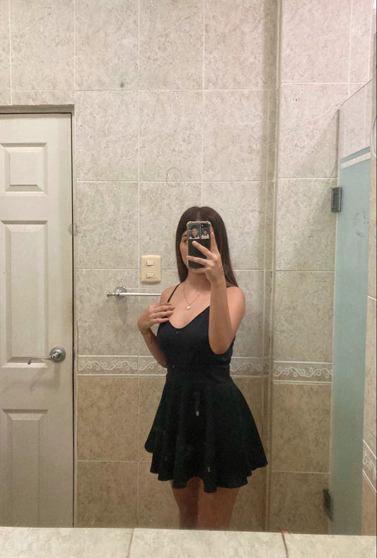 Sexy A Line Spaghetti Straps Black Satin Short Homecoming Dress 18th Birthday Outfits C5047