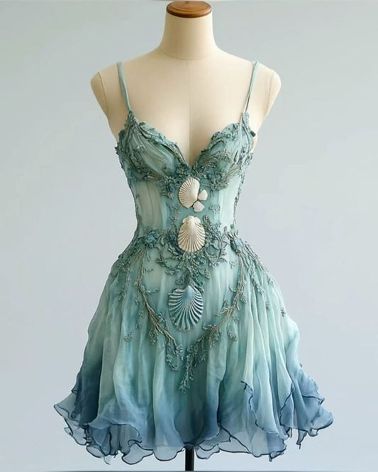 Vintage A Line Spaghetti Straps Gradient Chiffon Applique Short Homecoming Dress 17th Birthday Outfits C5050