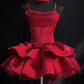 Red Ball Gown Spaghetti Straps Satin Tiered Short Homecoming Dress 17th Birthday Outfits C5051
