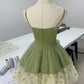 Retro A Line Spaghetti Straps Satin Printed Chiffon Short Homecoming Dress 19th Birthday Outfits C5053