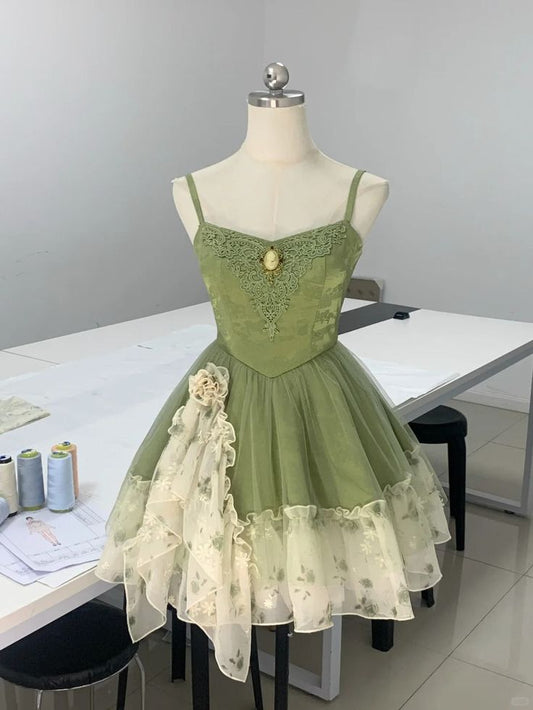 Retro A Line Spaghetti Straps Satin Printed Chiffon Short Homecoming Dress 19th Birthday Outfits C5053