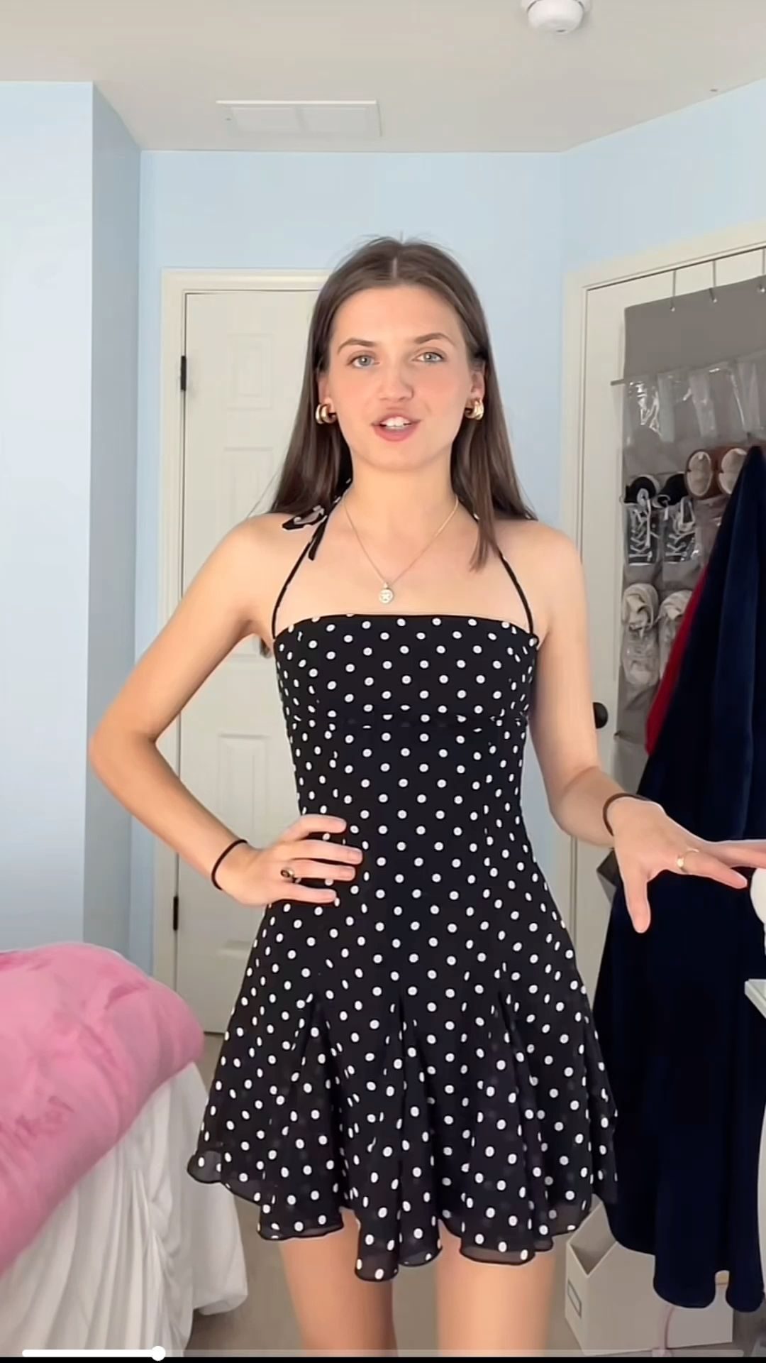 Chic A Line Halter Satin Polka Dots Short Homecoming Dress 18th Birthday Outfits C5059