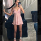 Sexy A Line Pink Spaghetti Straps Satin Chiffon Printed Short Homecoming Dress 19th Birthday Outfits C5064