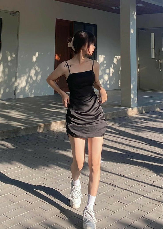 Elegant Mermaid Spaghetti Straps Black Satin Pleated Short Homecoming Dress 19th Birthday Outfits C5066