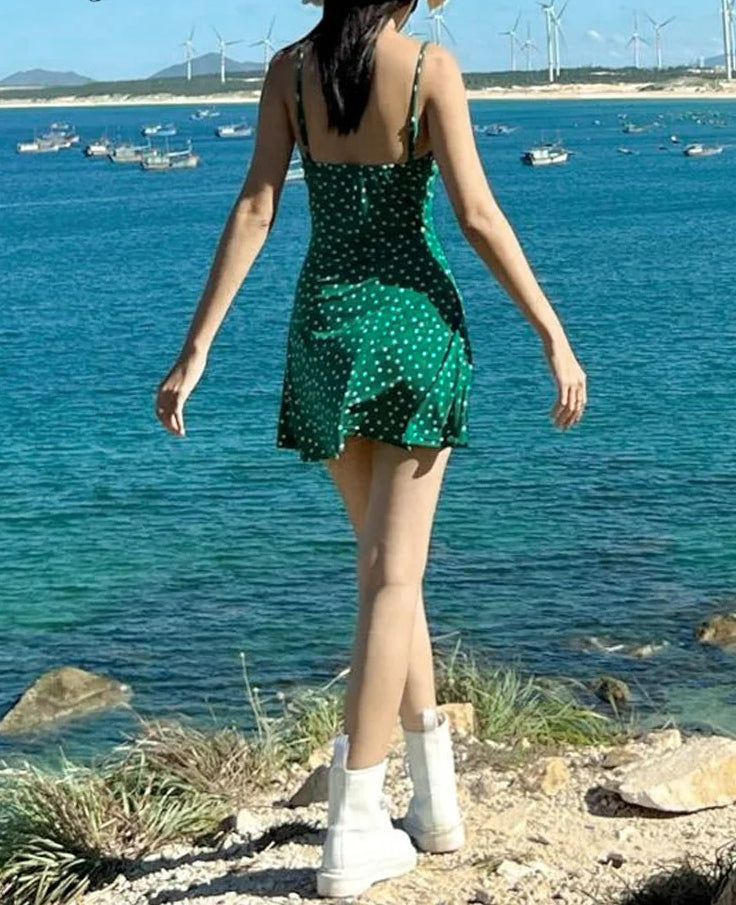 Robe de soirée courte vintage verte à bretelles spaghetti en satin à pois, tenue de 18e anniversaire, C5069