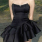 Pretty A Line Strapless Black Satin Tiered Short Homecoming Dress 17th Birthday Outfits C5079