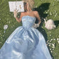 Robe de bal longue en satin bleu pâle, coupe trapèze, sans bretelles, en dentelle, C5081