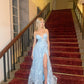 Sexy A Line Halter Pale Blue Tulle Lace Slit Long Prom Dresses Formal Dress C5082