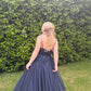 Elegant A Line Spaghetti Straps Navy Blue Tulle Sequin Long Prom Dresses Formal Dress C5084