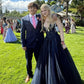 Elegant A Line Spaghetti Straps Navy Blue Tulle Sequin Long Prom Dresses Formal Dress C5084