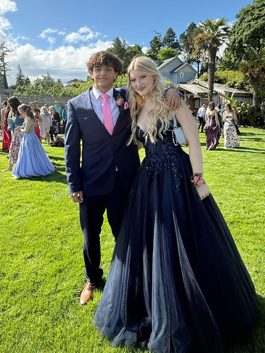 Robe de bal longue élégante à bretelles spaghetti, en tulle bleu marine et paillettes, robe de soirée C5084