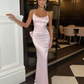 Robe de bal longue en satin rose, dos nu, bretelles spaghetti, style sirène, avec nœud, C5086