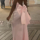 Robe de bal longue en satin rose, dos nu, bretelles spaghetti, style sirène, avec nœud, C5086