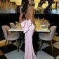 Robe de bal longue en satin rose, dos nu, bretelles spaghetti, style sirène, avec nœud, C5086