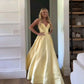 Robe de bal longue classique en satin jaune pastel à bretelles spaghetti, coupe trapèze, robe de soirée C5092
