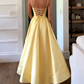 Classic A Line Spaghetti Straps Pastel Yellow Satin Long Prom Dresses Formal Dress C5092