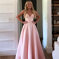 Classic A Line Spaghetti Straps Pastel Yellow Satin Long Prom Dresses Formal Dress C5092