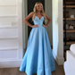 Classic A Line Spaghetti Straps Pastel Yellow Satin Long Prom Dresses Formal Dress C5092