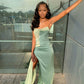 Eleagnt Mermaid Strapless Sage Satin Pleated Slit Long Prom Dresses Formal Dress C5096