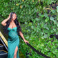 Classy Mermaid Strapless Dark Green Satin Sequin Slit Long Prom Dresses Formal Dress C5097