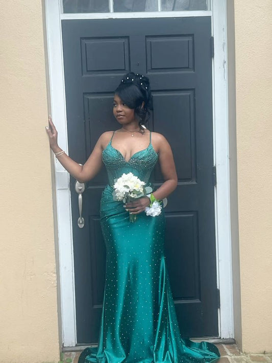 Robe de bal longue en satin vert foncé, jolie robe sirène dos nu, perlée, C5098
