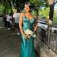 Robe de bal longue en satin vert foncé, jolie robe sirène dos nu, perlée, C5098
