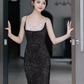 Bretelles sirène sexy paillettes robes de bal noires C50