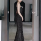 Bretelles sirène sexy paillettes robes de bal noires C50