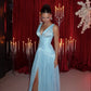 Sexy A Line V Neck Satin Slit Long Prom Dresses Formal Dress C5102
