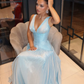 Sexy A Line V Neck Satin Slit Long Prom Dresses Formal Dress C5102