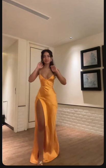 Robe de bal longue en satin, simple et sexy, style sirène, dos nu, fendue, C5106