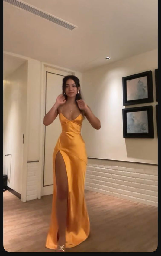 Robe de bal longue en satin, simple et sexy, style sirène, dos nu, fendue, C5106