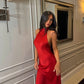 Robe de bal longue en satin rouge, élégante, décolleté en V, style sirène, C5107