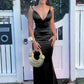 Robe de bal longue en satin noir à bretelles spaghetti et sirène simple C5109