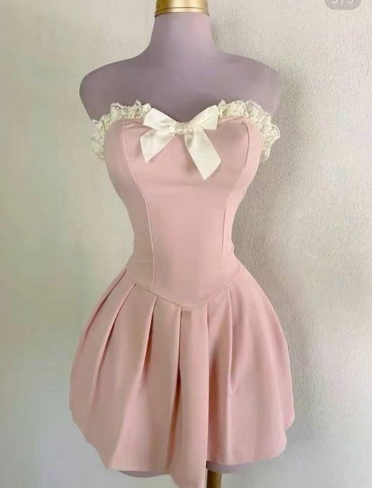 Sweet 16th Pink A Line Strapless Satin Lace With Bow Short Homecoming Dress Birthday Outfits C5115