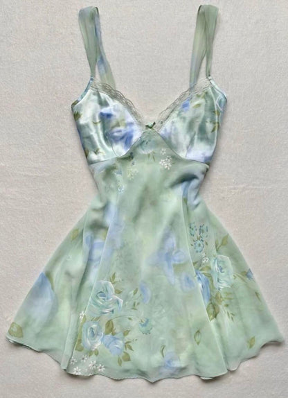 Stunning A Line Spaghetti Straps Satin Chiffon Printed Short Homecoming Dress 19th Birthday Outfits C5118