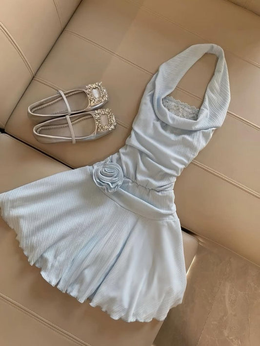 Cute A Line Halter Satin Laec Flower Short Homecoming Dress 19th Birthday Outfits C5119