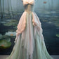 Robe de bal longue en satin et mousseline, coupe trapèze, sans bretelles, C5122