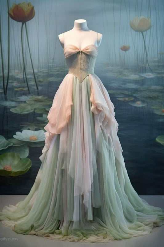 Robe de bal longue en satin et mousseline, coupe trapèze, sans bretelles, C5122