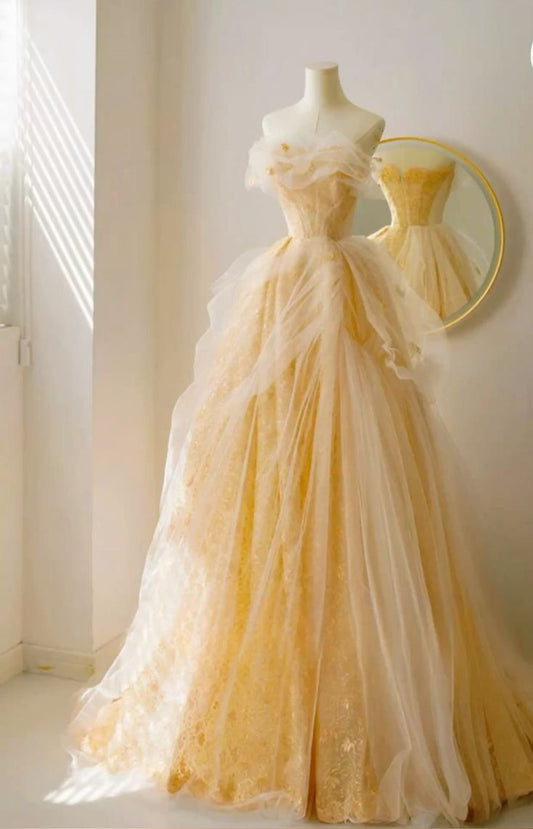 Robe de bal longue en tulle et dentelle, coupe trapèze, sans bretelles, C5123