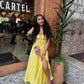 Robe de bal longue en satin jaune, élégante, coupe trapèze, bretelles spaghetti, fente latérale, C5124