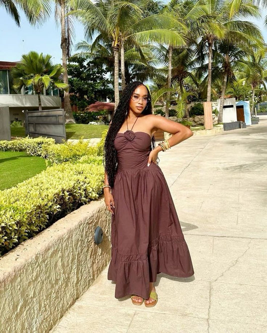 Robe de bal longue en satin marron à fleurs, coupe A-line, dos nu, unique, C5127