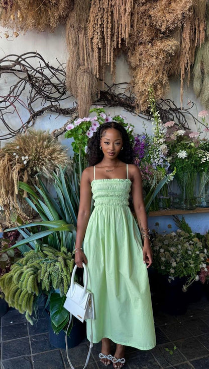 Robe de bal longue en satin vert menthe, coupe trapèze, bretelles spaghetti, C5128