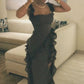 Robe de bal longue en mousseline de soie, style sirène, bretelles spaghetti, volants, noir, C5133