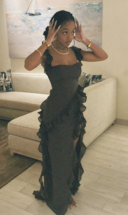 Robe de bal longue en mousseline de soie, style sirène, bretelles spaghetti, volants, noir, C5133