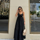 Robe de bal longue en satin noir à bretelles spaghetti et coupe trapèze simple, robe de soirée C5137