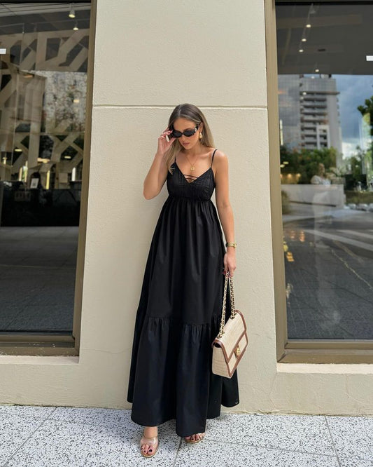 Robe de bal longue en satin noir à bretelles spaghetti et coupe trapèze simple, robe de soirée C5137